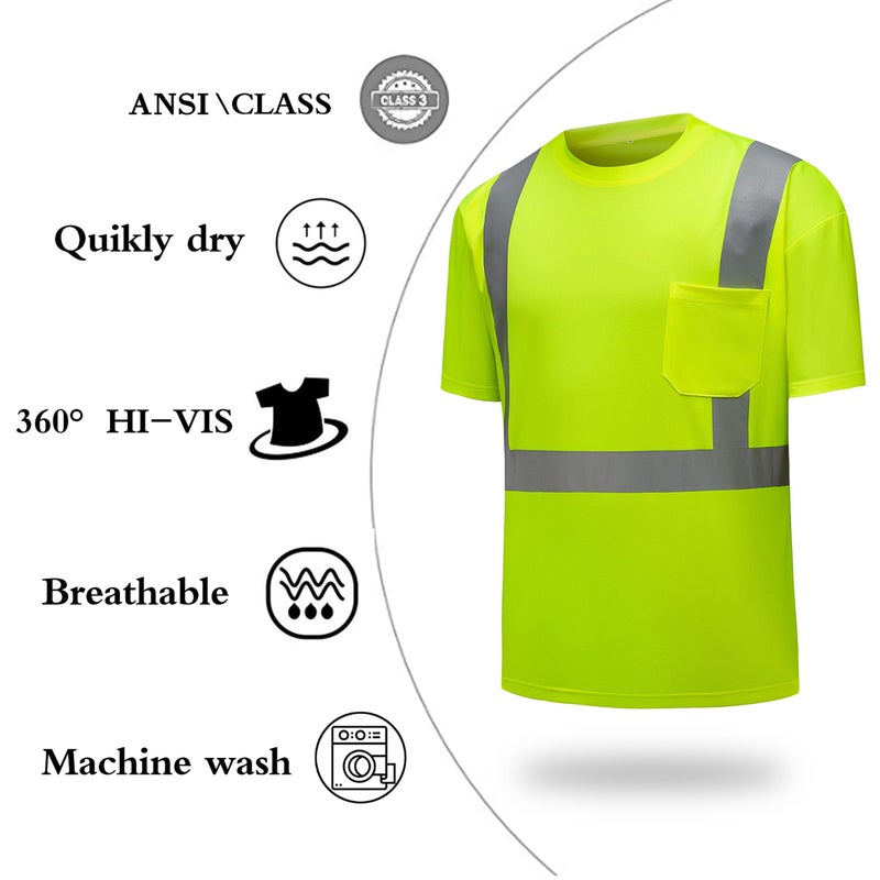 DPSAFETY High Visibility Shirts Quick Dry Safety T Shirts with Reflective Strips and Pocket Short Sleeve Mesh Hi Vis Construction Work Class 2 Shirt for Men/Women Lime,5XL - Image 3